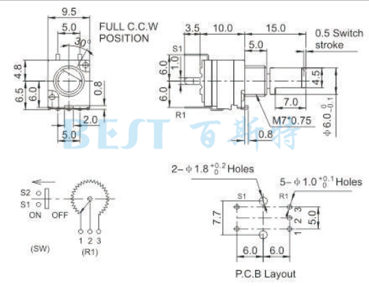 電位器RV9E12NM參考圖紙 電位器RV9E12NM參考圖紙