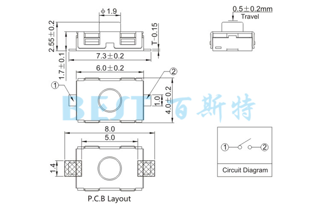 輕觸開關(guān)TS-1181GJ參考圖紙 輕觸開關(guān)TS-1181GJ參考圖紙